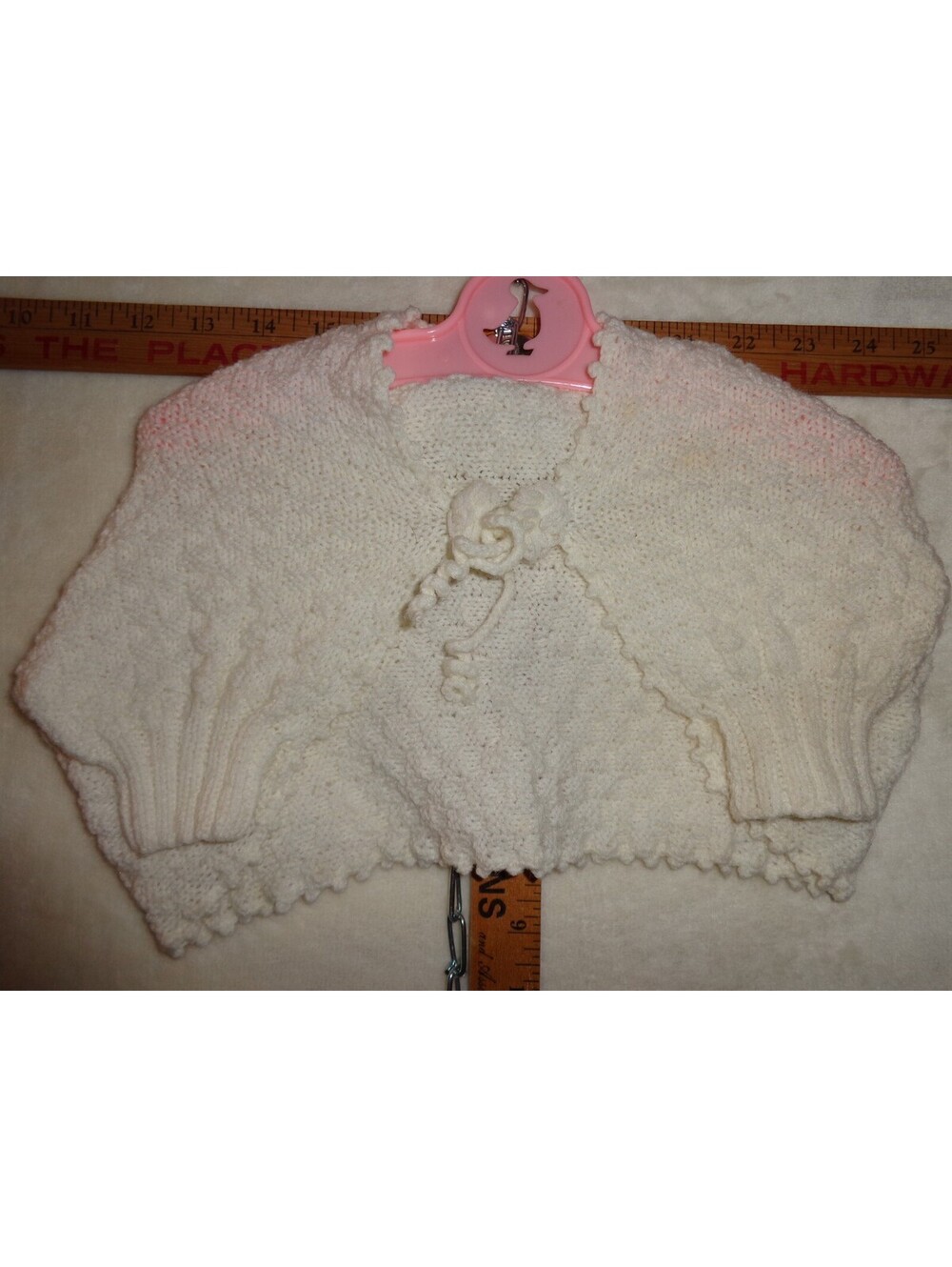 Vintage Hand Knit Infant Baby Sacque Shrug Sweater White Rosette Tie